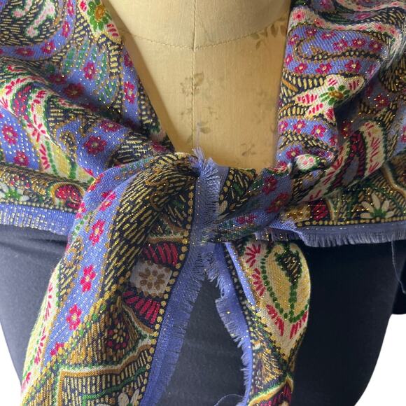 Oscar De La Renta Purple Wool Printed Sparkly Scarf fringe edges 30in Vintage - Picture 10 of 10